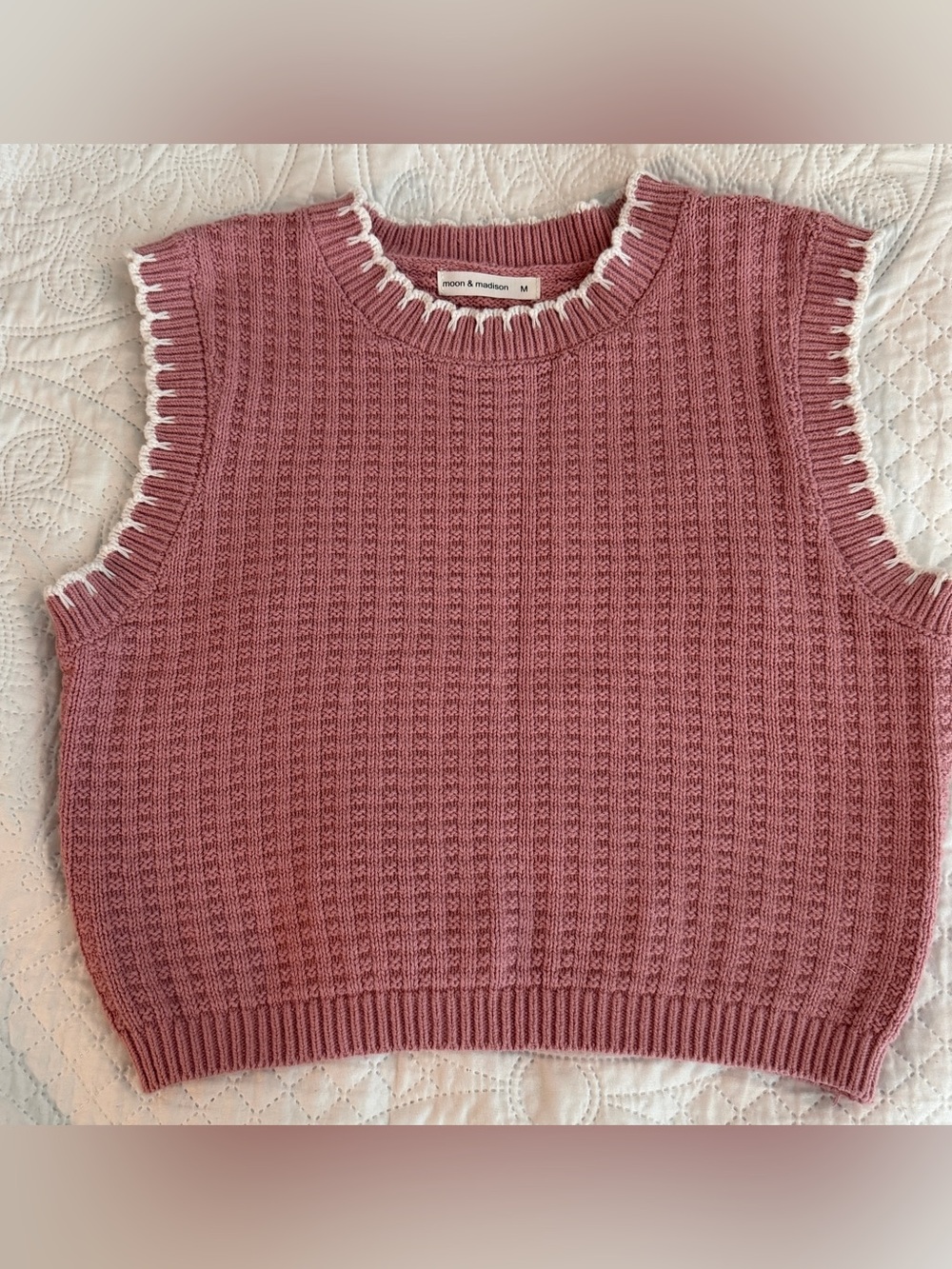 moon & madison Rose Pink Knit Cropped Sweater Vest with White Trim